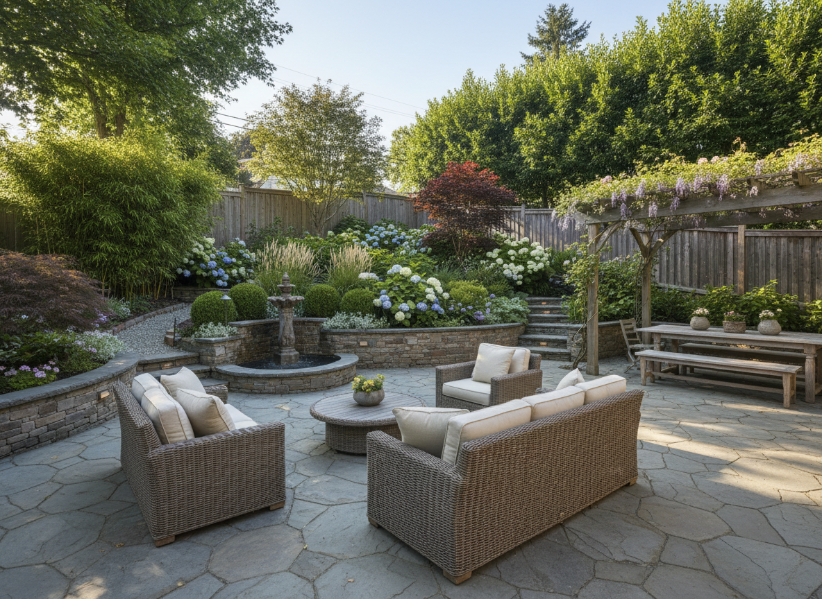 lush, professionally landscaped residential backyard with stone patio, greenery, and outdoor seating, bright daytime